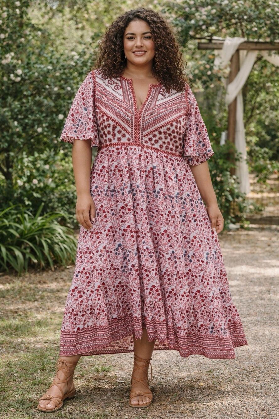 Oliphant Mendoza Maxi Dress XL Embellished Pink Blue Red Paisley V Neck $398